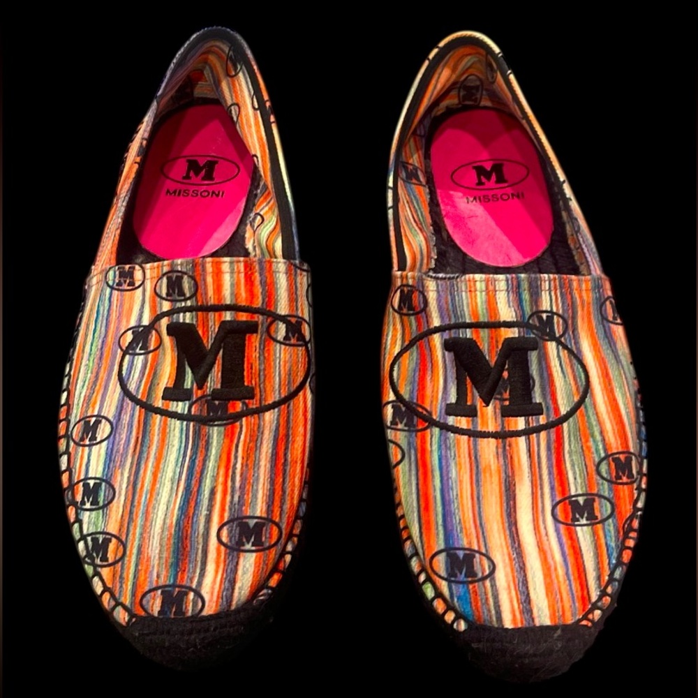 M MISSONI Embroidered Logo Twill Striped Multicolor Espadrille Sz US 7 EU 37